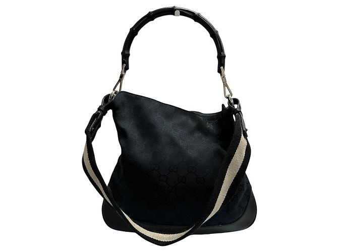 Borsa a tracolla Gucci Bamboo GG Canvas e pelle Nero - vista 2