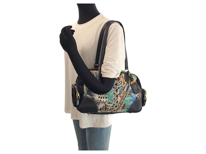 Borsa Tote Prada Tessuto Nylon Leather Logo Nero - vista 7
