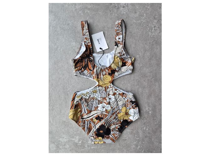 Roseanna einteiliger Badeanzug mit Blumenmuster Braun Schwarz Weiß Gelb - Ansicht 4
