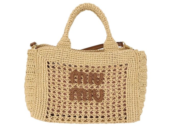 Miu Miu Woven Tote Bag aus Raphia 2way Beige mit Goldton Auth ki6738M - Ansicht 2