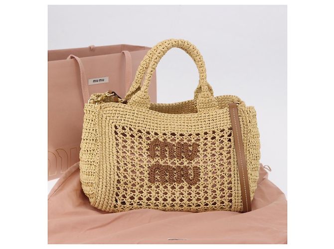 Miu Miu Woven Tote Bag aus Raphia 2way Beige mit Goldton Auth ki6738M - Ansicht 24