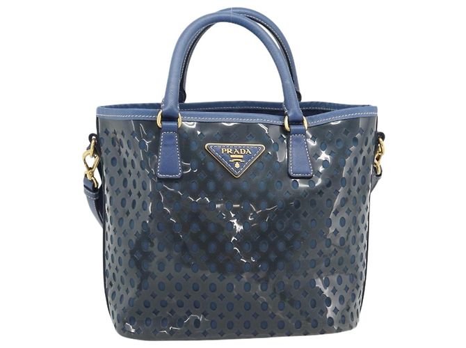 Borsa PRADA in Vinile 2way Blu Oro Auth 193975 D'oro - vista 2