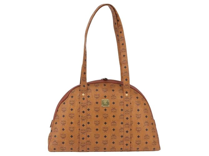 Bolsa Boston MCM Logogram Vicetos em PVC e couro marrom com detalhes dourados Auth mr2798 - vista 2