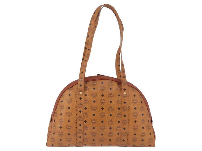 Bolsa Boston MCM Logogram Vicetos em PVC e couro marrom com detalhes dourados Auth mr2798 - vista 3