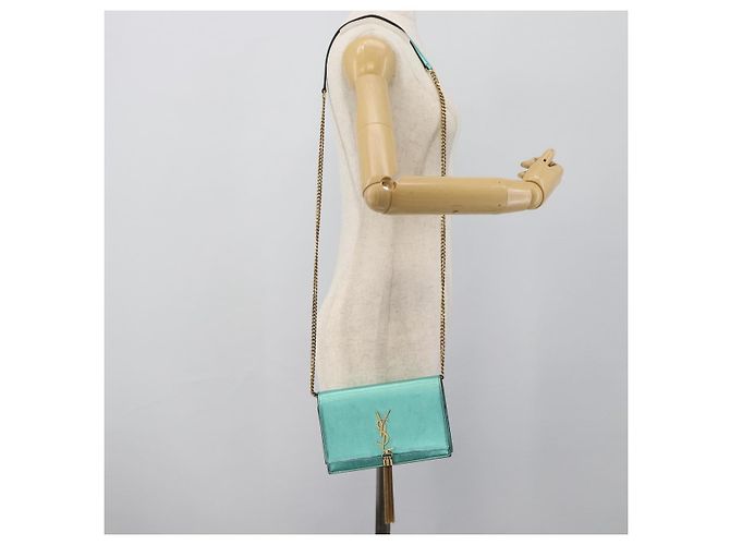 Portafoglio a tracolla con catena SAINT LAURENT in pelle verde e toni dorati 452159 Auth ka5455V - vista 23