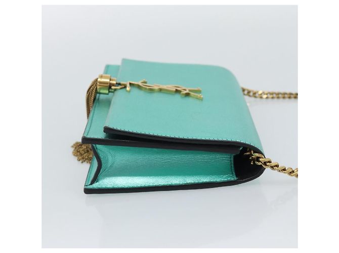 Portafoglio a tracolla con catena SAINT LAURENT in pelle verde e toni dorati 452159 Auth ka5455V - vista 5