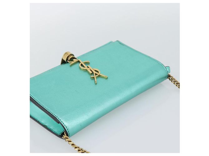 Portafoglio a tracolla con catena SAINT LAURENT in pelle verde e toni dorati 452159 Auth ka5455V - vista 6