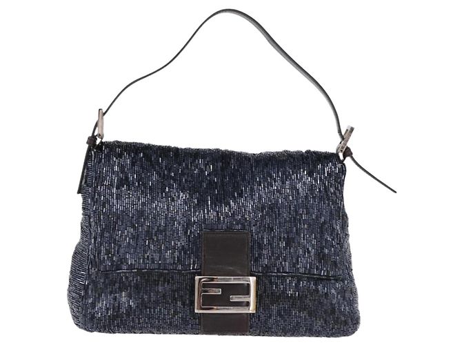 Borsa a tracolla FENDI Mamma Baguette Perline Blu Navy Argento Auth yk20696SAM - vista 2