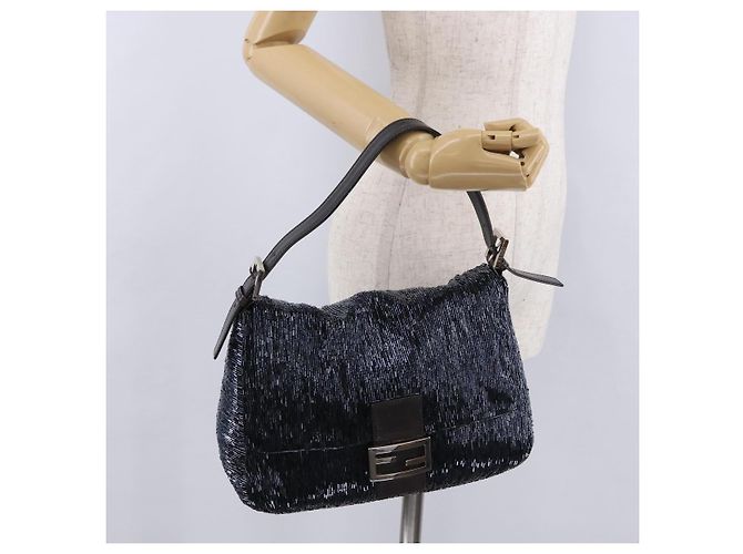Borsa a tracolla FENDI Mamma Baguette Perline Blu Navy Argento Auth yk20696SAM - vista 26