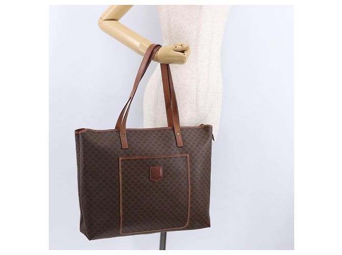 Céline Borsa Tote CELINE Macadam Canvas PVC Pelle Marrone Oro Auth 193538 D'oro - vista 23