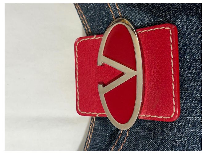 Borsa a spalla Valentino Garavani in denim e pelle rossa Rosso Blu - vista 5