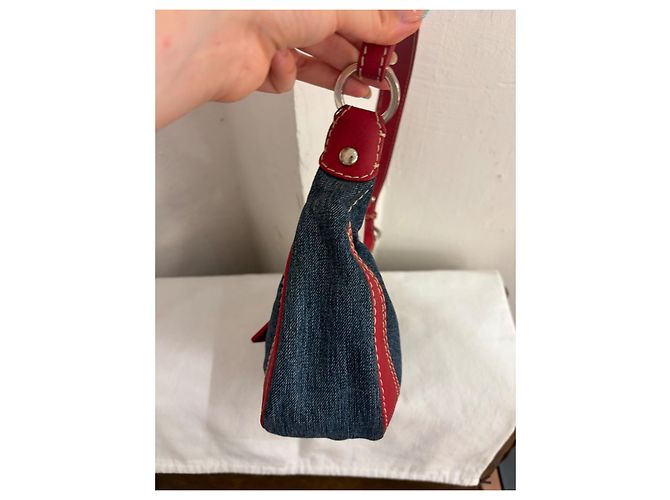 Borsa a spalla Valentino Garavani in denim e pelle rossa Rosso Blu - vista 7