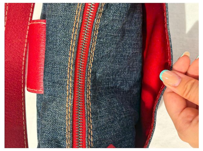 Borsa a spalla Valentino Garavani in denim e pelle rossa Rosso Blu - vista 8