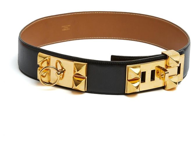 Médor Hermès 1991 Ceinture Medor T75 Collier de Chien M Schwarzer Ledergürtel 30In Hermes Golden - Ansicht 2