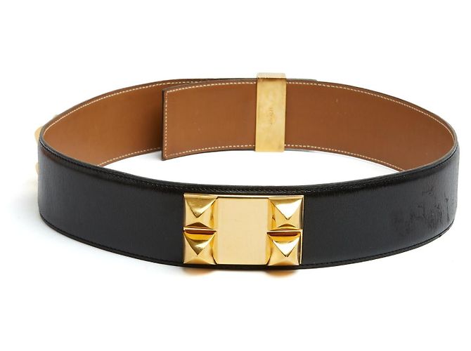 Médor Hermès 1991 Ceinture Medor T75 Collier de Chien M Schwarzer Ledergürtel 30In Hermes Golden - Ansicht 3