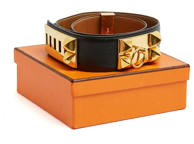 Médor Hermès 1991 Ceinture Medor T75 Collier de Chien M Schwarzer Ledergürtel 30In Hermes Golden - Ansicht 7