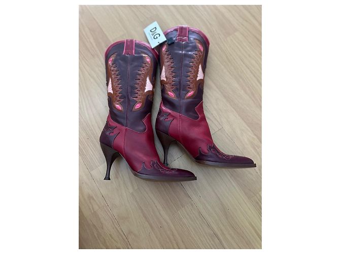 Botas de vaquero D&G de cuero burdeos y rojo con detalles de costura Castaño Rosa Roja - vista 10