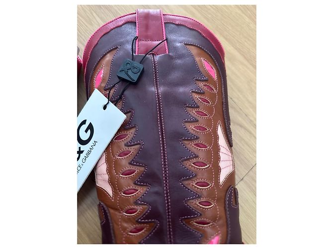 Botas de vaquero D&G de cuero burdeos y rojo con detalles de costura Castaño Rosa Roja - vista 11