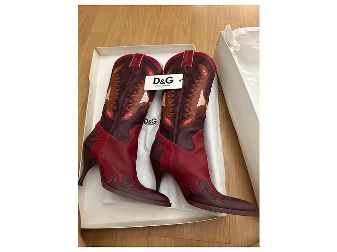 Botas de vaquero D&G de cuero burdeos y rojo con detalles de costura Castaño Rosa Roja - vista 2