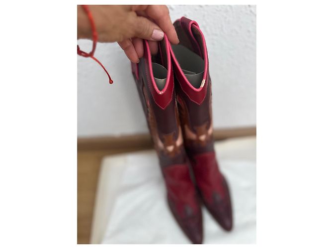 Botas de vaquero D&G de cuero burdeos y rojo con detalles de costura Castaño Rosa Roja - vista 5