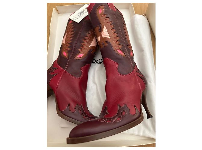 Botas de vaquero D&G de cuero burdeos y rojo con detalles de costura Castaño Rosa Roja - vista 6