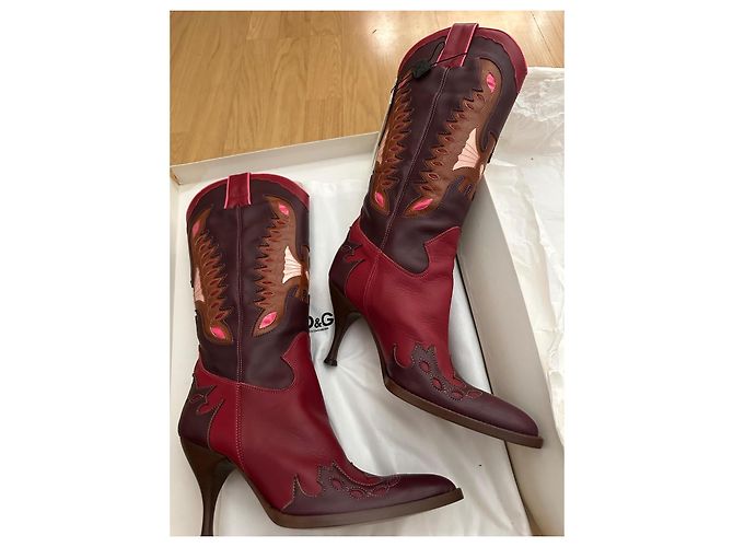 Botas de vaquero D&G de cuero burdeos y rojo con detalles de costura Castaño Rosa Roja - vista 8