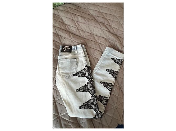 Jeans de mezclilla azul claro para mujer Philipp Plein con inserciones de encaje negro - vista 4