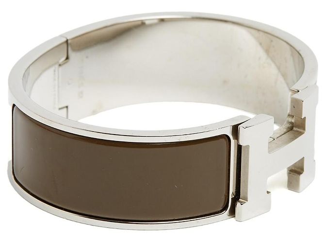 Bracciale Hermès Large GM Clic Clac H Argento Smalto Etoupe L Marrone - vista 2