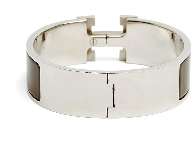 Bracciale Hermès Large GM Clic Clac H Argento Smalto Etoupe L Marrone - vista 4