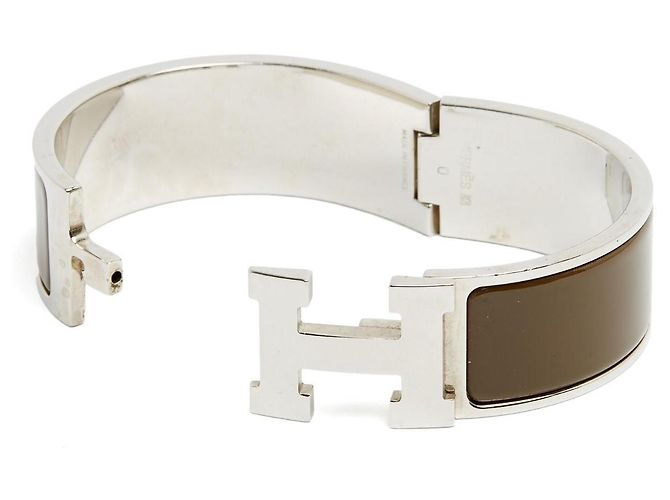 Bracciale Hermès Large GM Clic Clac H Argento Smalto Etoupe L Marrone - vista 5
