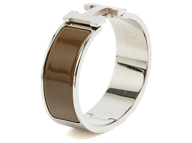 Bracciale Hermès Large GM Clic Clac H Argento Smalto Etoupe L Marrone - vista 6