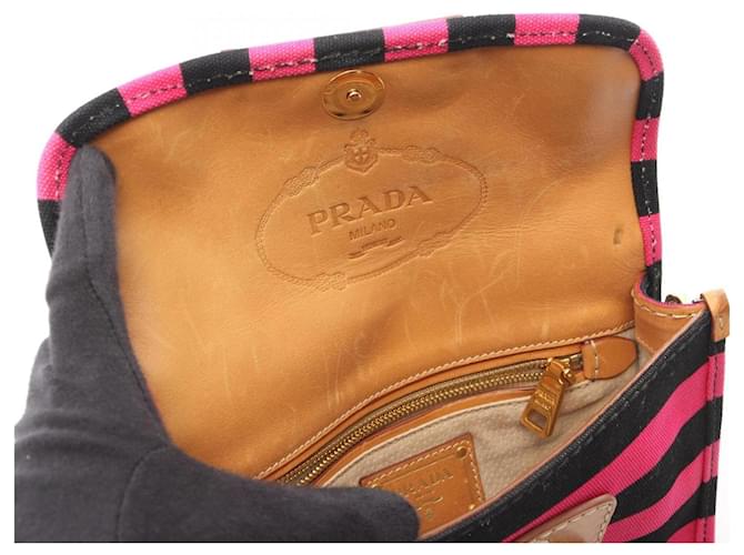 Borsa a Spalla Prada Canapa Righe Marrone Nero Rosa - vista 5