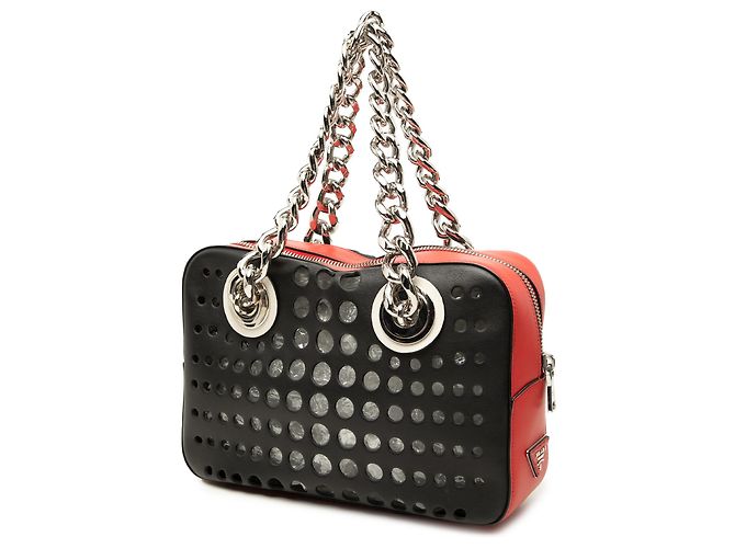 Borsa a tracolla con catena Prada City Fori in pelle traforata nera Nero - vista 2