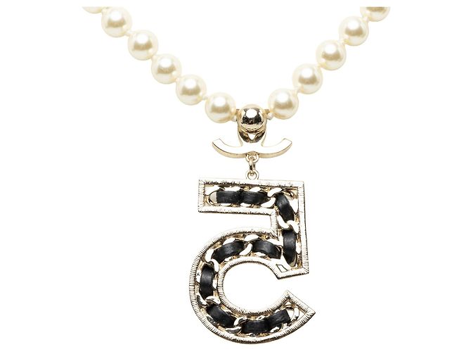 Chanel Gold CC Brass No 5 Strass and Faux Pearl Pendant Necklace Golden - view 3