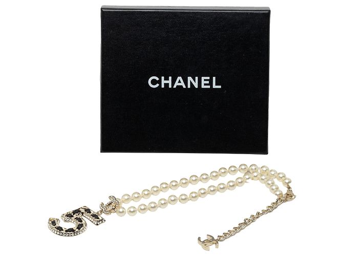 Chanel Gold CC Brass No 5 Strass and Faux Pearl Pendant Necklace Golden - view 7