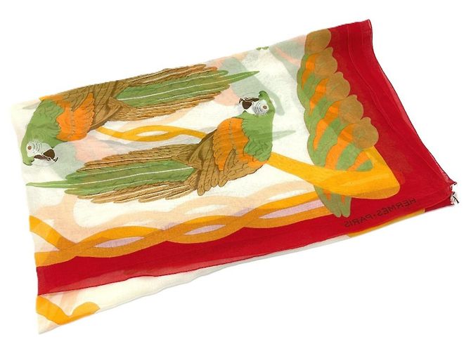 Hermès Hermes Mehrfarbiger Baumwollschal Rot Mehrfarben Aus weiß - Ansicht 2