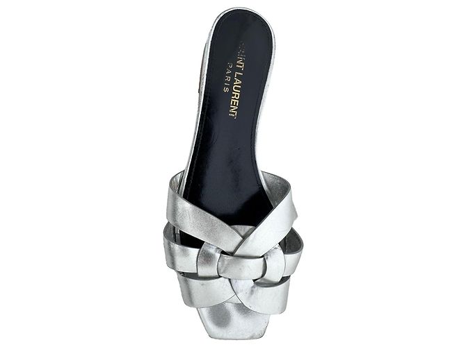 Sandali Tribute Saint Laurent in pelle metallizzata intrecciata argento Metallico - vista 11