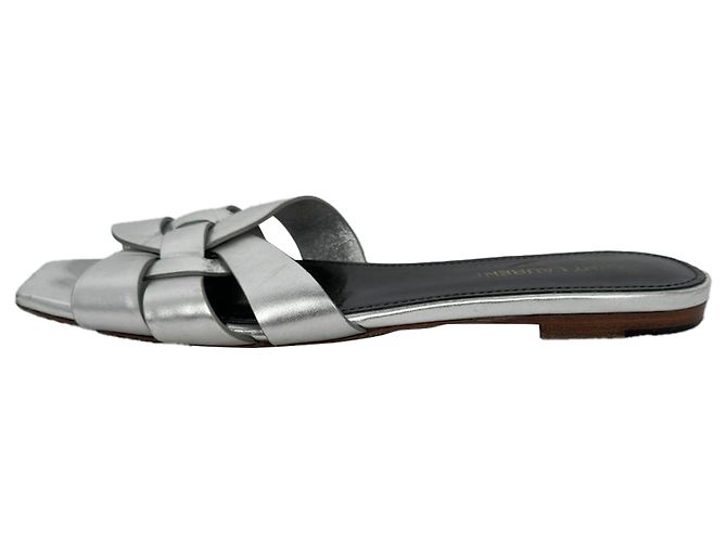 Sandali Tribute Saint Laurent in pelle metallizzata intrecciata argento Metallico - vista 2