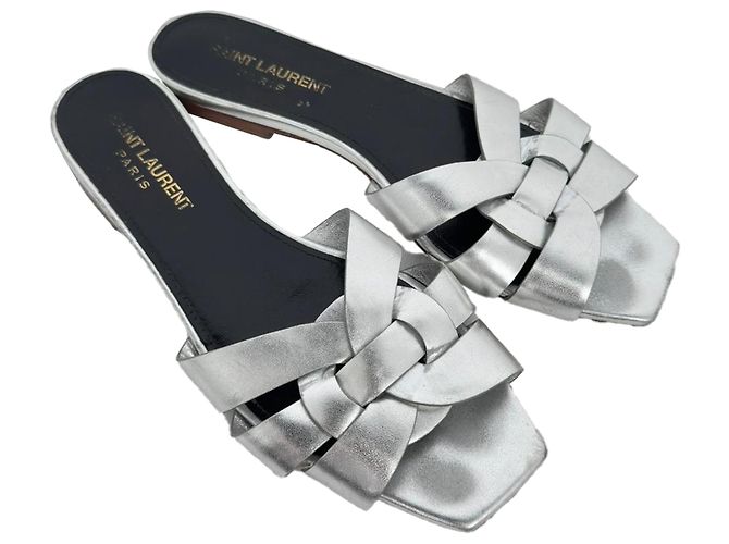 Sandali Tribute Saint Laurent in pelle metallizzata intrecciata argento Metallico - vista 6