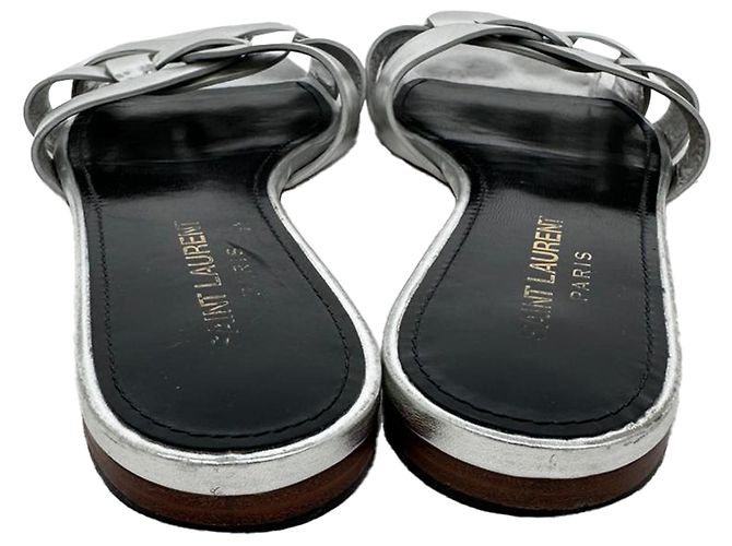 Sandali Tribute Saint Laurent in pelle metallizzata intrecciata argento Metallico - vista 7