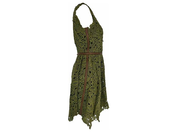 Minivestido de encaje de hojas Valentino Garavani en algodón verde oliva - vista 2