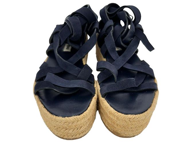 Sandalias de plataforma con tiras Miu Miu en piel y ante azul marino - vista 2