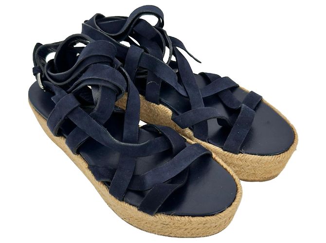 Sandalias de plataforma con tiras Miu Miu en piel y ante azul marino - vista 5