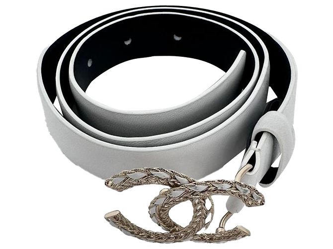 Timeless Cintura Chanel con logo CC intrecciato e catena in pelle bianca - vista 2