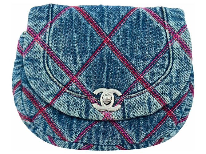 Mini borsa a tracolla Chanel Coco Beach in cotone blu - vista 3