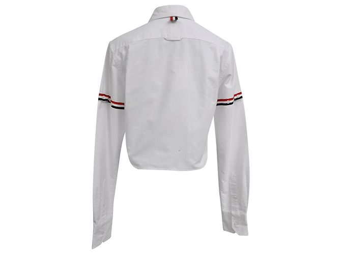 Camisa Oxford de algodón blanco con brazalete y corte cropped de cuello redondo de Thom Browne - vista 3