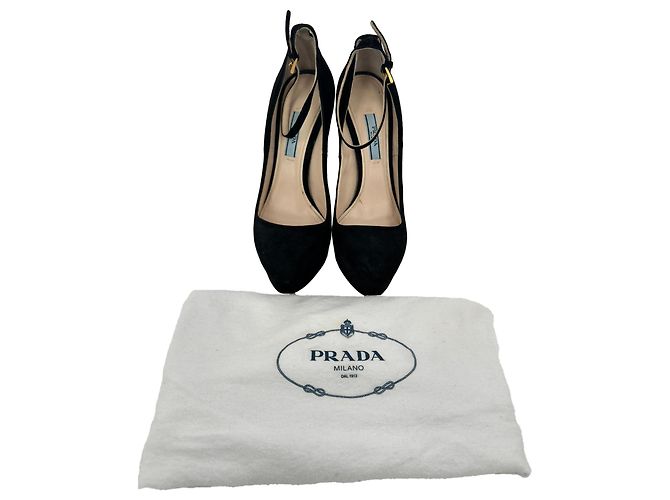 Prada Ankle Strap Platform Pumps in Black Suede - view 16
