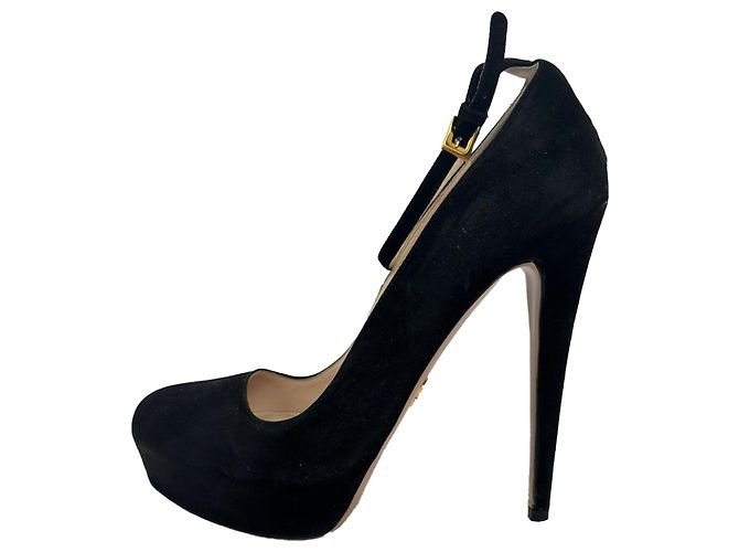 Prada Ankle Strap Platform Pumps in Black Suede - view 7