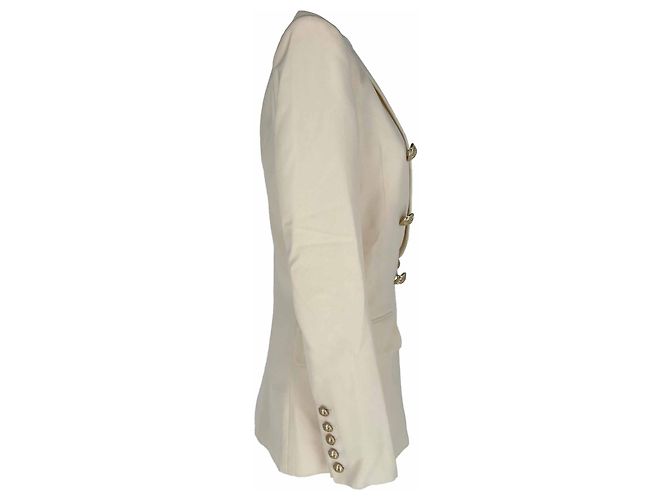 Balmain Double-Breasted Fray-Trimmed Blazer in Ivory Wool White Cream - view 2