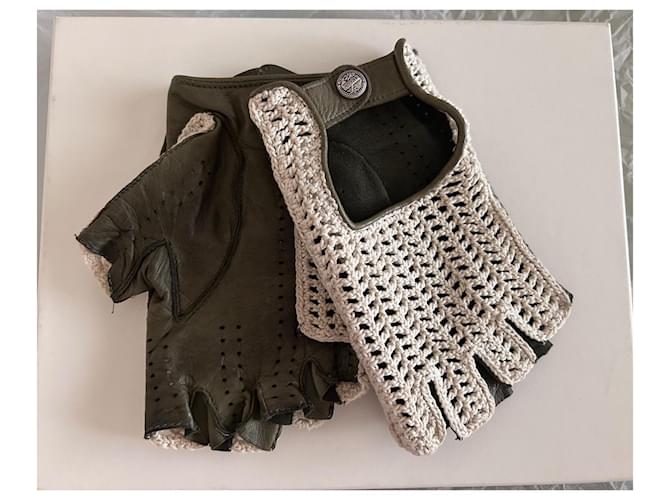 Chanel Häkel-Lederhandschuhe Beige Dunkelgrün - Ansicht 2